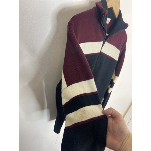 Vintage All Canada Men L Acrylic Curling Sweater Knit Zip Up Striped Cardigan - Picture 4 of 8